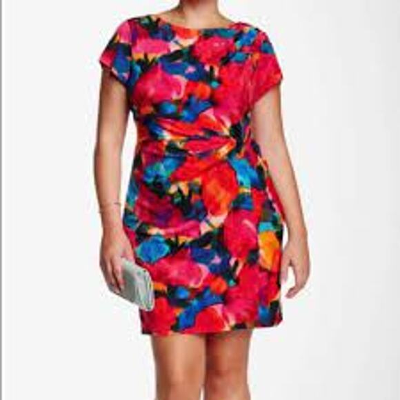 Ellen Tracy Colorful Red Blue Floral Print Short Sleeve Bodycon Mini Dress 12 - Picture 1 of 11